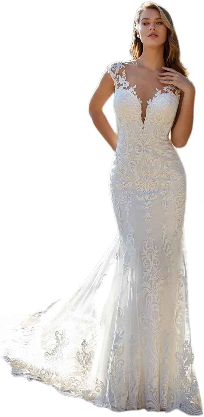 Loyeloy Women's Wedding Dresses for Bride 2025 Sexy V Neck Slit Lace Bridal Wedding Gowns for Bride YJ010-BMbridal.UK
