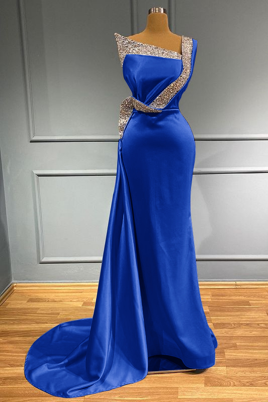 Light Blue One Shoulder Sleeveless Mermaid Long Beads Prom Dress With Ruffles