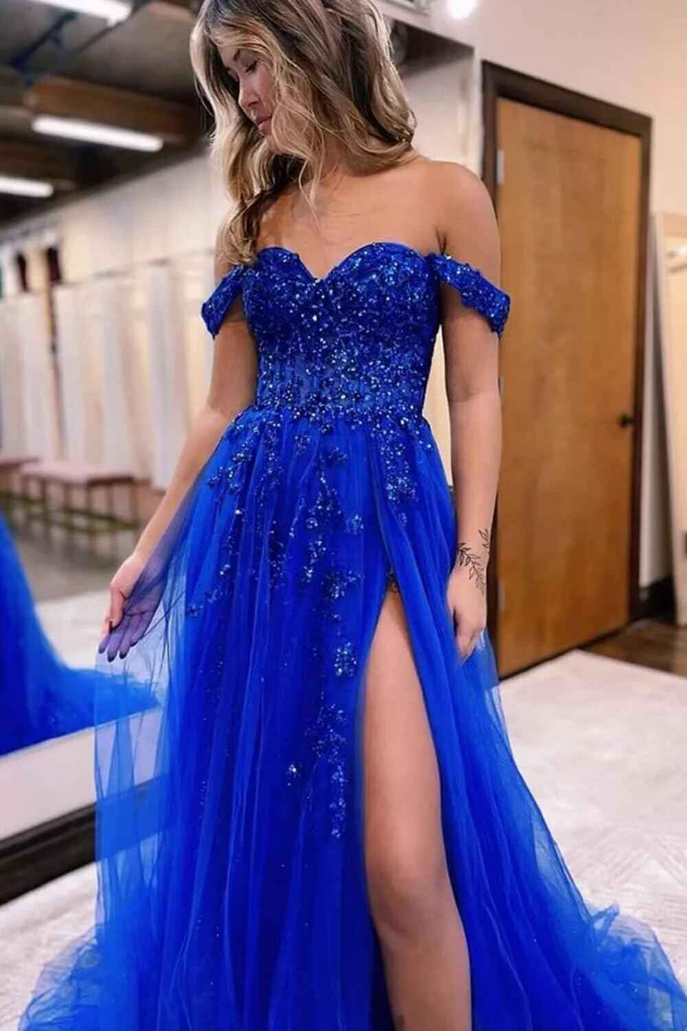 Off The Shoulder Tulle Prom Dresses with Slit Laces Applique Sweetheart Long Formal Evening Party Gowns-BMbridal.UK