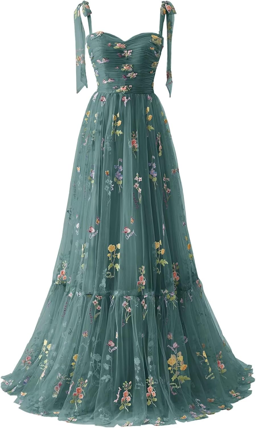 Women's Flower Embroidery Tulle Prom Dresses 2025 Long Spaghetti Straps Evening Party Gowns-BMbridal.UK
