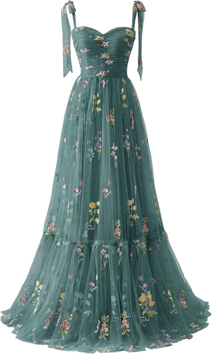 Women's Flower Embroidery Tulle Prom Dresses 2025 Long Spaghetti Straps Evening Party Gowns-BMbridal.UK