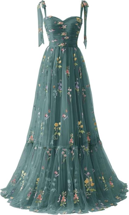 Women's Flower Embroidery Tulle Prom Dresses 2025 Long Spaghetti Straps Evening Party Gowns-BMbridal.UK