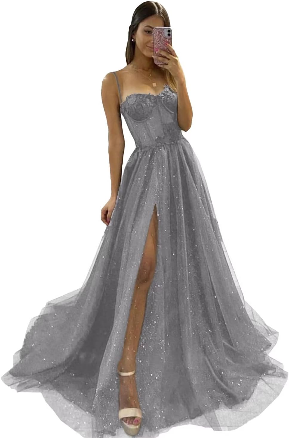 Glitter Tulle Prom Dresses Long 2025 Spaghetti Straps Sweetheart 3D Flowers Evening Party Gowns with Slit-BMbridal.UK
