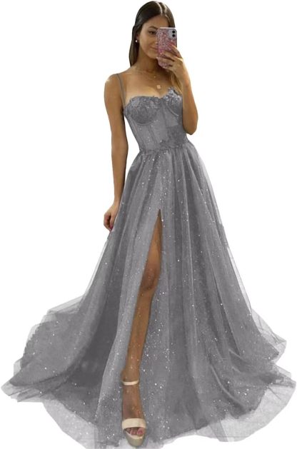 Glitter Tulle Prom Dresses Long 2025 Spaghetti Straps Sweetheart 3D Flowers Evening Party Gowns with Slit-BMbridal.UK