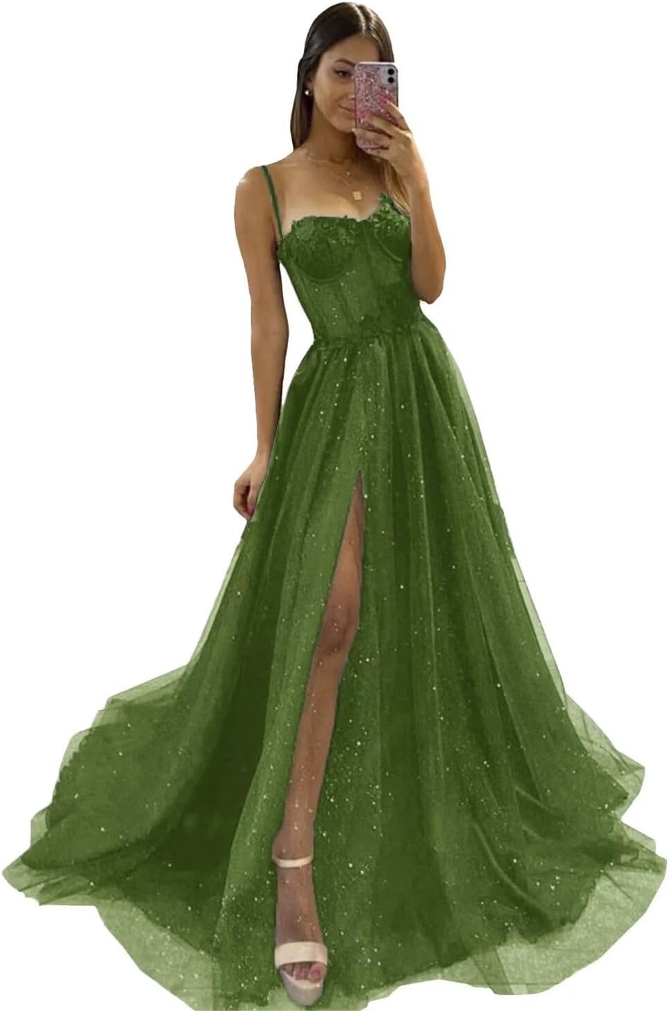 Glitter Tulle Prom Dresses Long 2025 Spaghetti Straps Sweetheart 3D Flowers Evening Party Gowns with Slit-BMbridal.UK