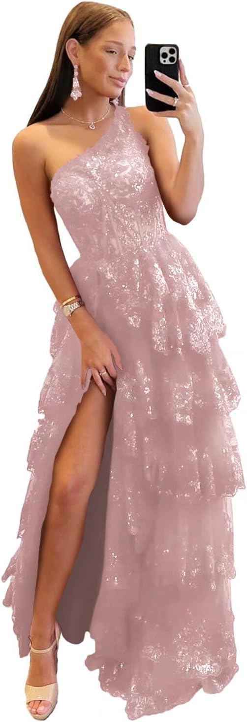 One Shoulder Lace Tulle Tiered Prom Dress Sparkly Sequined Applique Long Maxi Formal Evening Party Gowns 2025-BMbridal.UK