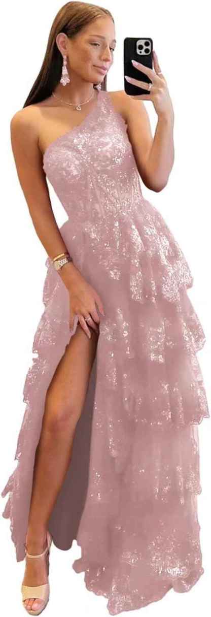 One Shoulder Lace Tulle Tiered Prom Dress Sparkly Sequined Applique Long Maxi Formal Evening Party Gowns 2025-BMbridal.UK