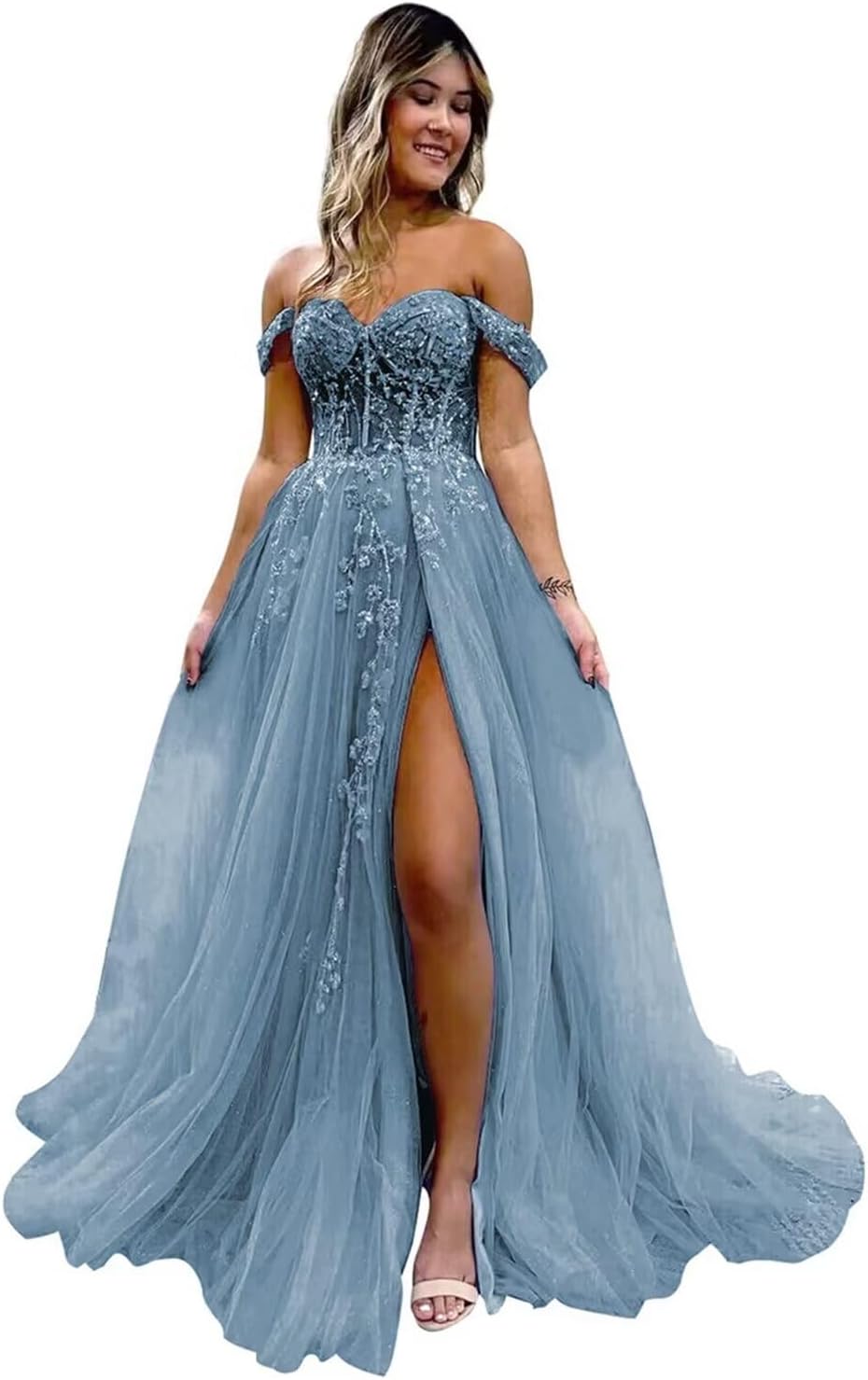 Off The Shoulder Tulle Prom Dresses with Slit Laces Applique Sweetheart Long Formal Evening Party Gowns-BMbridal.UK