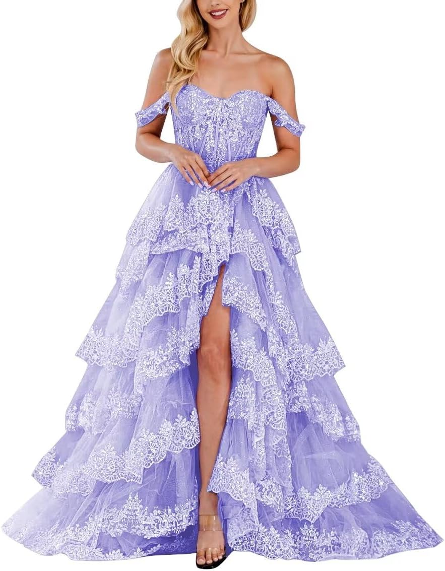 Lace Appliques Prom Dresses for Women Sparkly Tiered Tulle Off The Shoulder Formal Evening Gowns with Slit-BMbridal.UK