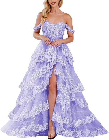 Lace Appliques Prom Dresses for Women Sparkly Tiered Tulle Off The Shoulder Formal Evening Gowns with Slit-BMbridal.UK