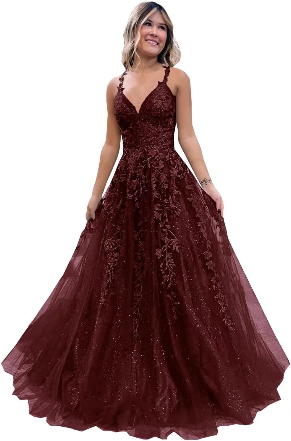 Tulle Lace Appliques Sparkly Prom Dresses A Line with Slit V Neck Formal Party Dress-BMbridal.UK