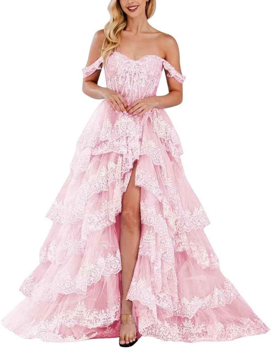 Lace Appliques Prom Dresses for Women Sparkly Tiered Tulle Off The Shoulder Formal Evening Gowns with Slit-BMbridal.UK