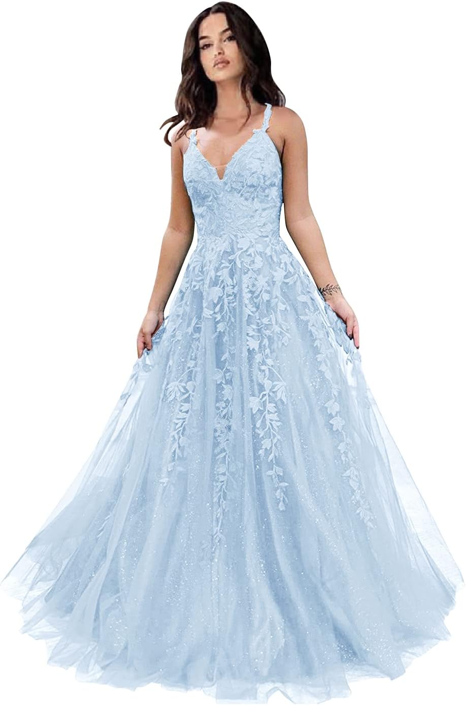 Tulle Prom Dresses for Women 2025 Sparkly Lace Appliques Long Ball Gowns Spaghetti Straps A-Line Evening Gowns-BMbridal.UK