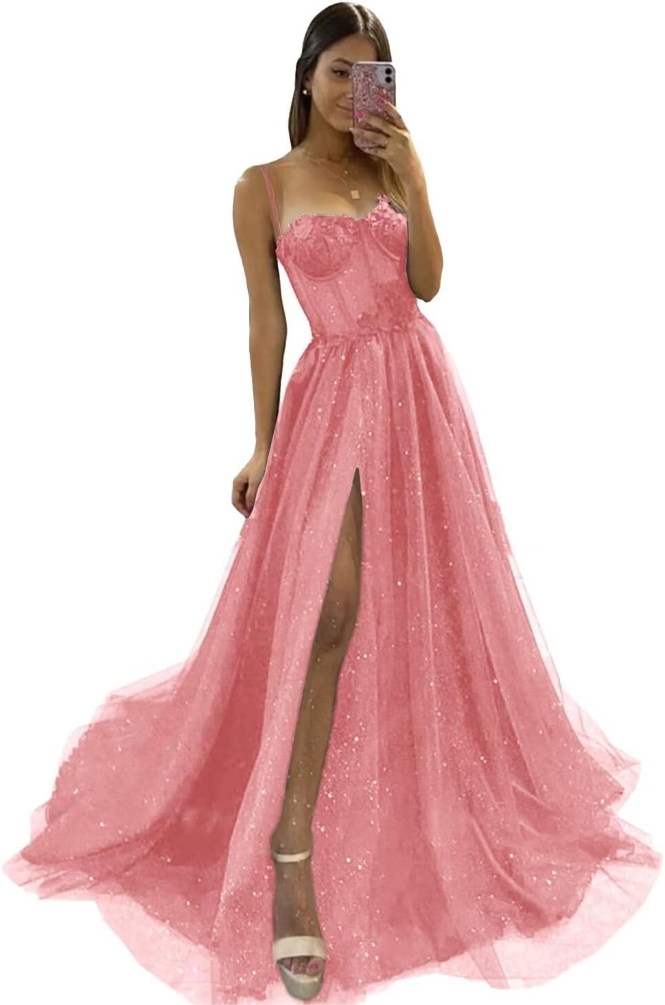 Glitter Tulle Prom Dresses Long 2025 Spaghetti Straps Sweetheart 3D Flowers Evening Party Gowns with Slit-BMbridal.UK