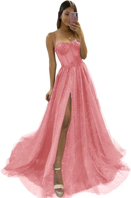Glitter Tulle Prom Dresses Long 2025 Spaghetti Straps Sweetheart 3D Flowers Evening Party Gowns with Slit-BMbridal.UK