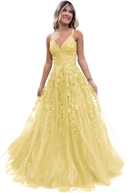 Tulle Lace Appliques Sparkly Prom Dresses A Line with Slit V Neck Formal Party Dress-BMbridal.UK