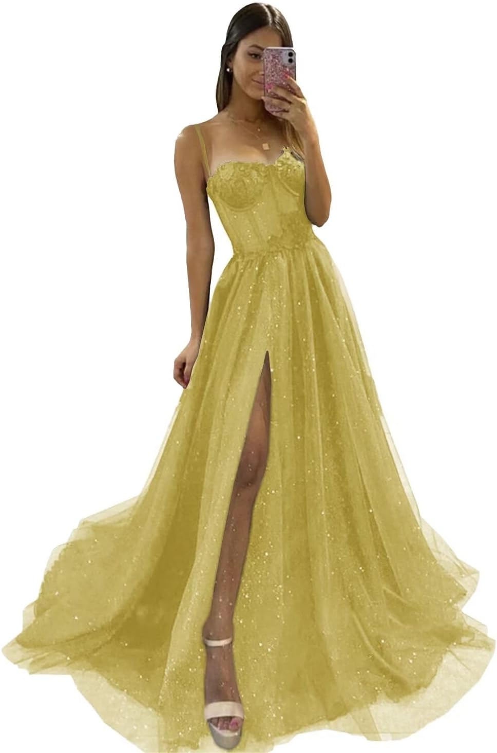 Glitter Tulle Prom Dresses Long 2025 Spaghetti Straps Sweetheart 3D Flowers Evening Party Gowns with Slit-BMbridal.UK