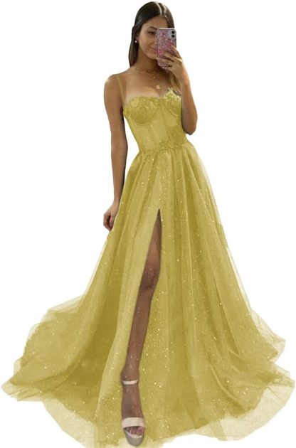Glitter Tulle Prom Dresses Long 2025 Spaghetti Straps Sweetheart 3D Flowers Evening Party Gowns with Slit-BMbridal.UK