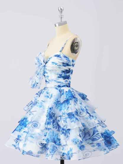Tiered Ruffles Short Homecoming Dresses with Bow Corset Floral Print Mini Cocktail Party Gown-BMbridal