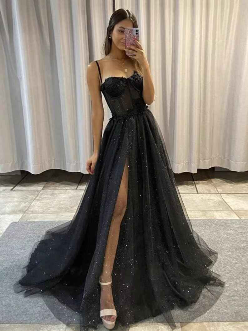 Glitter Tulle Prom Dresses Long 2025 Spaghetti Straps Sweetheart 3D Flowers Evening Party Gowns with Slit-BMbridal.UK