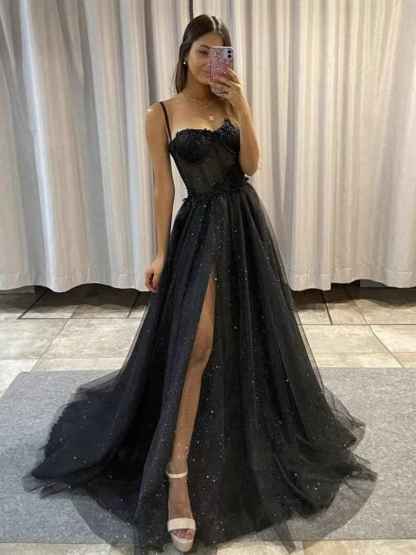 Glitter Tulle Prom Dresses Long 2025 Spaghetti Straps Sweetheart 3D Flowers Evening Party Gowns with Slit-BMbridal.UK