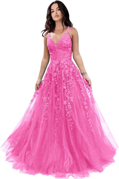 Tulle Prom Dresses for Women 2025 Sparkly Lace Appliques Long Ball Gowns Spaghetti Straps A-Line Evening Gowns-BMbridal.UK