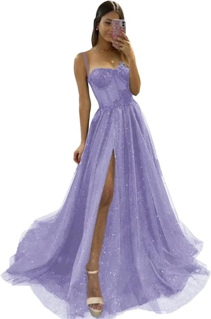 Glitter Tulle Prom Dresses Long 2025 Spaghetti Straps Sweetheart 3D Flowers Evening Party Gowns with Slit-BMbridal.UK