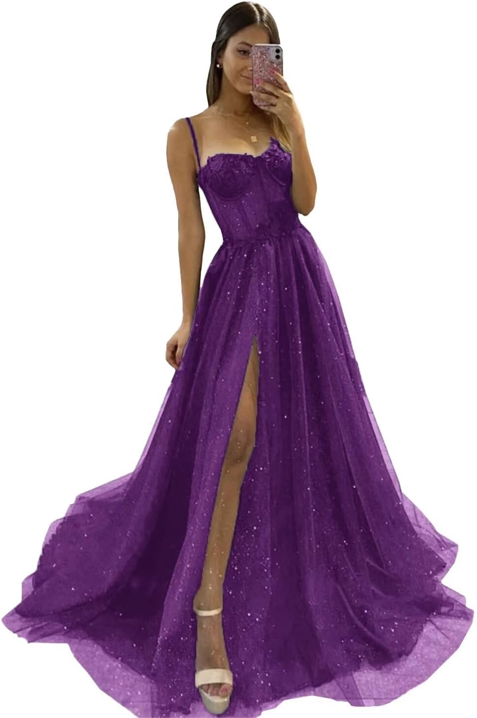 Glitter Tulle Prom Dresses Long 2025 Spaghetti Straps Sweetheart 3D Flowers Evening Party Gowns with Slit-BMbridal.UK