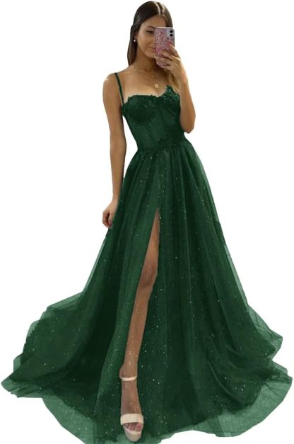 Glitter Tulle Prom Dresses Long 2025 Spaghetti Straps Sweetheart 3D Flowers Evening Party Gowns with Slit-BMbridal.UK