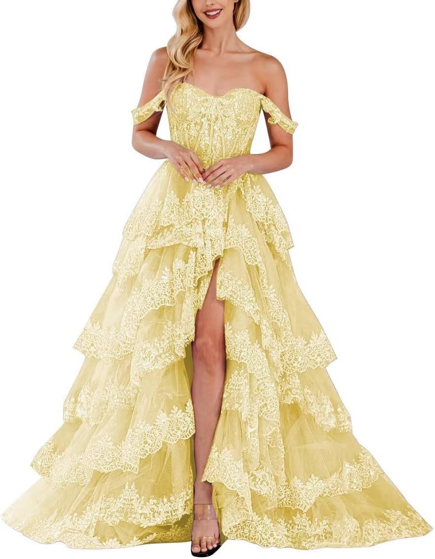 Lace Appliques Prom Dresses for Women Sparkly Tiered Tulle Off The Shoulder Formal Evening Gowns with Slit-BMbridal.UK