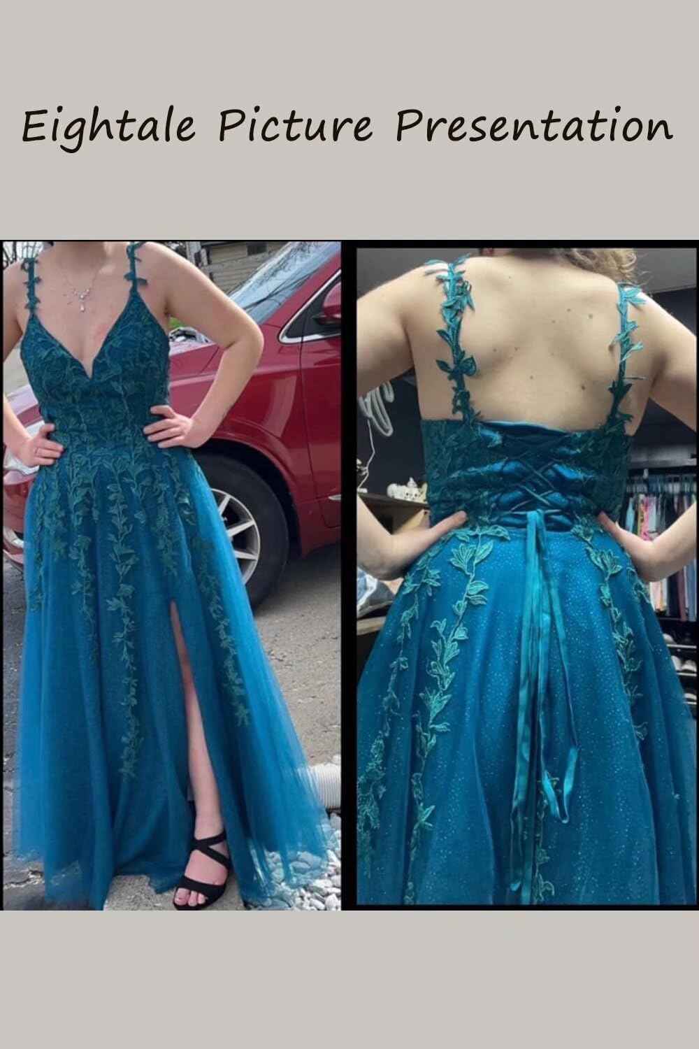 Tulle Lace Appliques Sparkly Prom Dresses A Line with Slit V Neck Formal Party Dress-BMbridal.UK