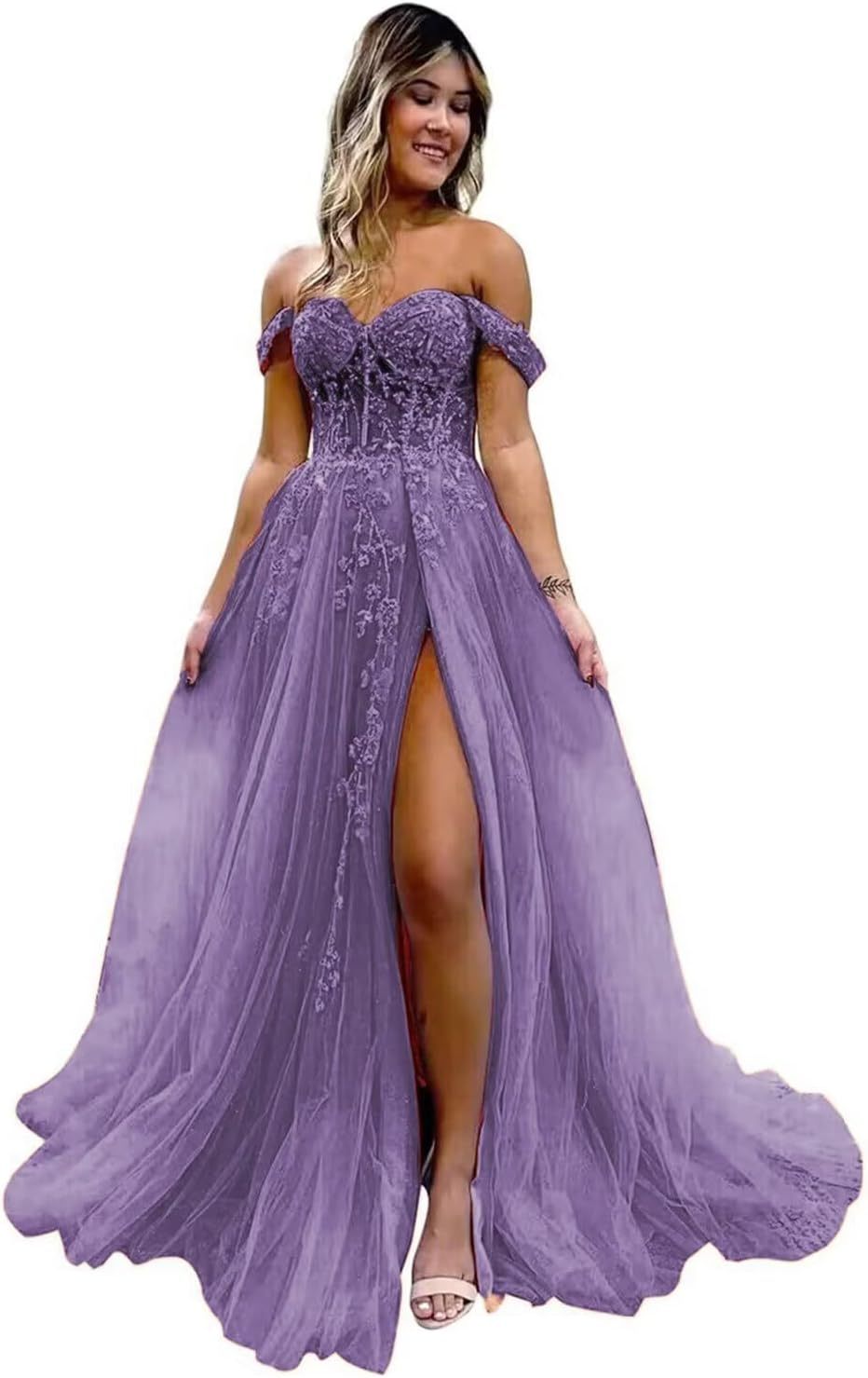 Off The Shoulder Tulle Prom Dresses with Slit Laces Applique Sweetheart Long Formal Evening Party Gowns-BMbridal.UK