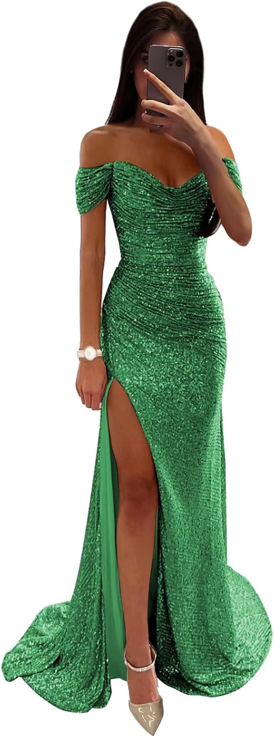 Sequin Prom Dresses for Women Off Shoulder V-Neck Long Ball Gown with Slit Formal Evening Party-BMbridal.UK