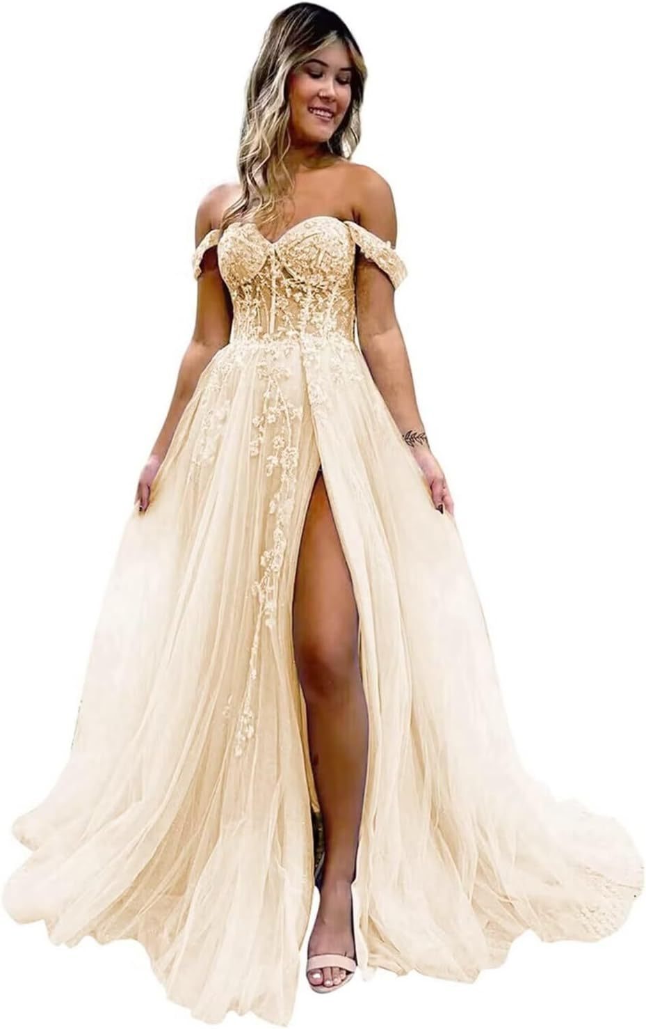 Off The Shoulder Tulle Prom Dresses with Slit Laces Applique Sweetheart Long Formal Evening Party Gowns-BMbridal.UK