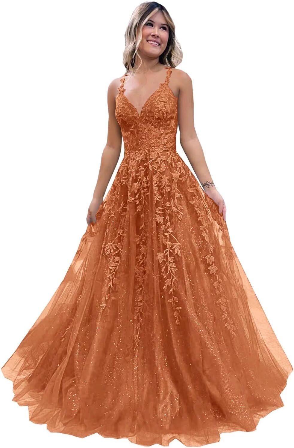 Tulle Lace Appliques Sparkly Prom Dresses A Line with Slit V Neck Formal Party Dress-BMbridal.UK