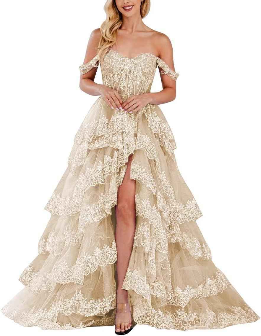 Lace Appliques Prom Dresses for Women Sparkly Tiered Tulle Off The Shoulder Formal Evening Gowns with Slit-BMbridal.UK