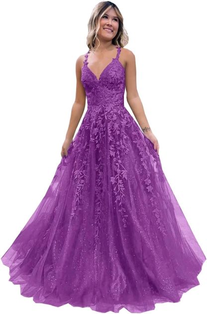 Tulle Lace Appliques Sparkly Prom Dresses A Line with Slit V Neck Formal Party Dress-BMbridal.UK