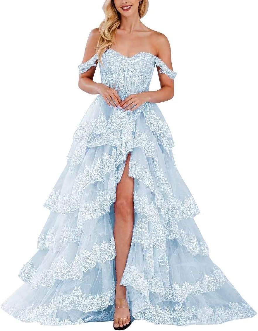 Lace Appliques Prom Dresses for Women Sparkly Tiered Tulle Off The Shoulder Formal Evening Gowns with Slit-BMbridal.UK