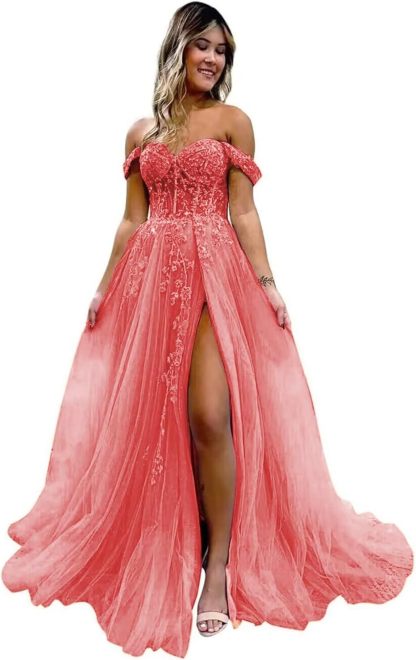 Off The Shoulder Tulle Prom Dresses with Slit Laces Applique Sweetheart Long Formal Evening Party Gowns-BMbridal.UK