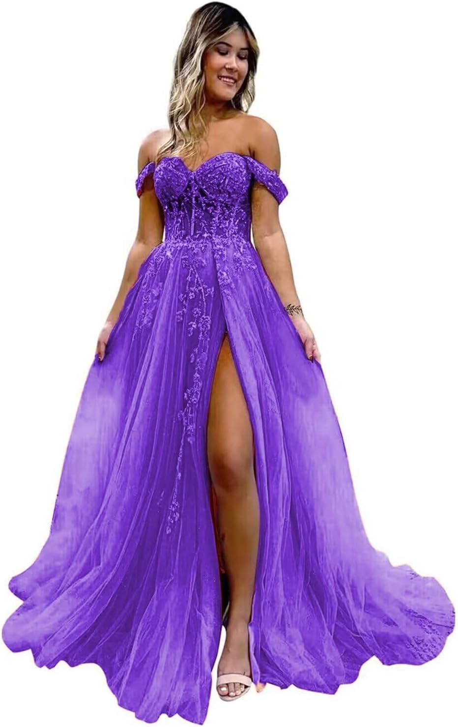 Off The Shoulder Tulle Prom Dresses with Slit Laces Applique Sweetheart Long Formal Evening Party Gowns-BMbridal.UK