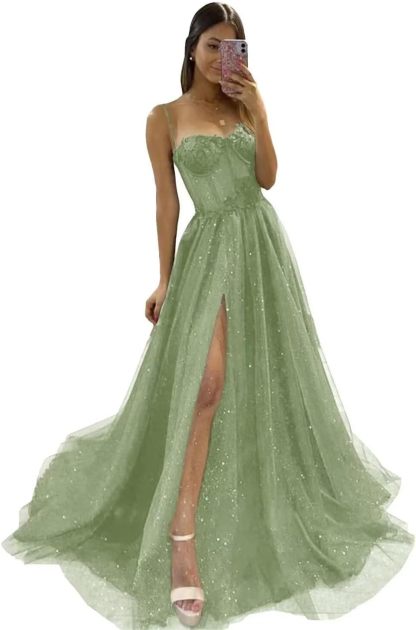 Glitter Tulle Prom Dresses Long 2025 Spaghetti Straps Sweetheart 3D Flowers Evening Party Gowns with Slit-BMbridal.UK