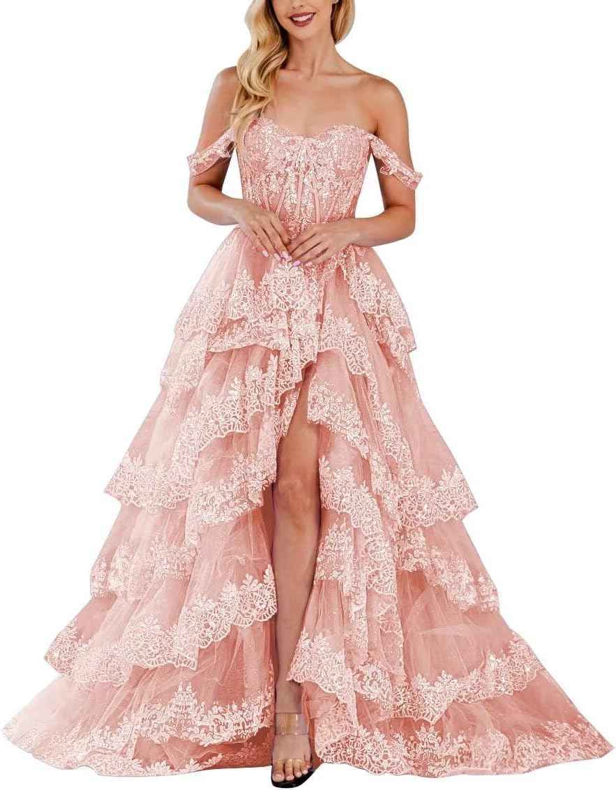 Lace Appliques Prom Dresses for Women Sparkly Tiered Tulle Off The Shoulder Formal Evening Gowns with Slit-BMbridal.UK