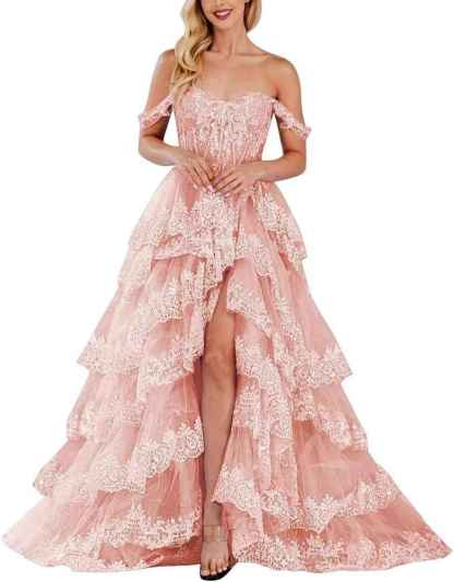Lace Appliques Prom Dresses for Women Sparkly Tiered Tulle Off The Shoulder Formal Evening Gowns with Slit-BMbridal.UK