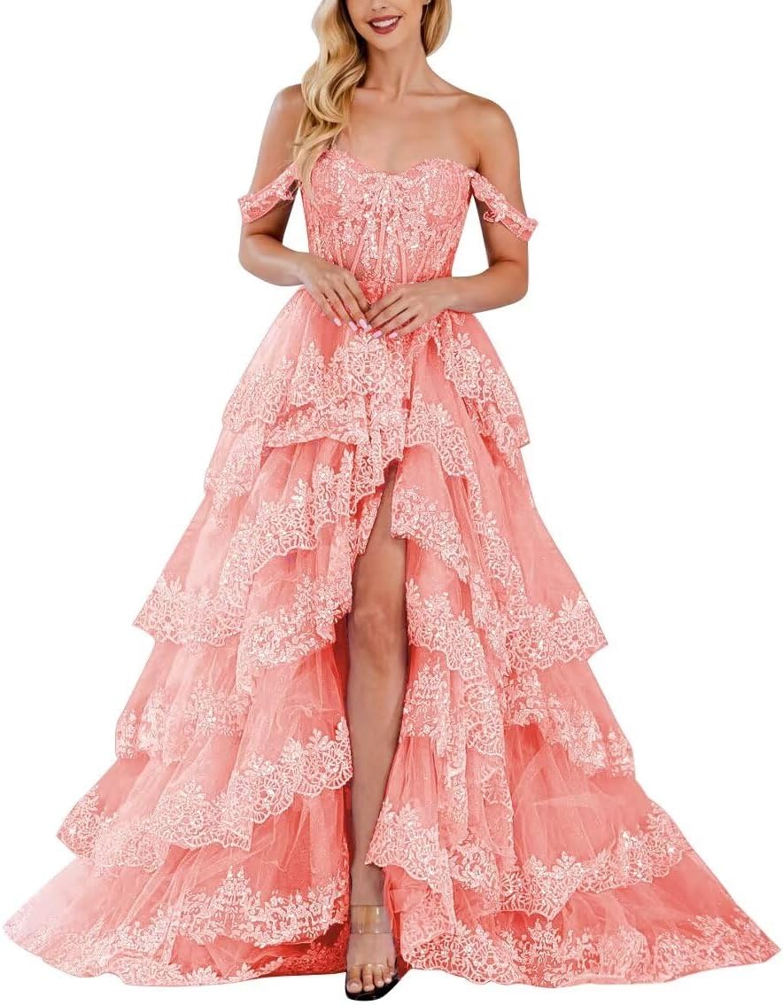Lace Appliques Prom Dresses for Women Sparkly Tiered Tulle Off The Shoulder Formal Evening Gowns with Slit-BMbridal.UK