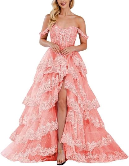 Lace Appliques Prom Dresses for Women Sparkly Tiered Tulle Off The Shoulder Formal Evening Gowns with Slit-BMbridal.UK