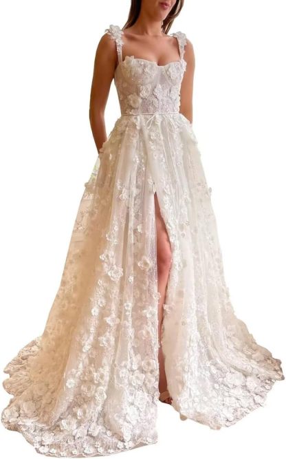 Women's Beach Spaghetti Strap Wedding Dresses for Bride 2025 Boho Long Lace Bridal Gowns for Wedding-BMbridal.UK