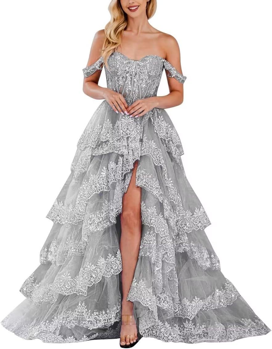 Lace Appliques Prom Dresses for Women Sparkly Tiered Tulle Off The Shoulder Formal Evening Gowns with Slit-BMbridal.UK