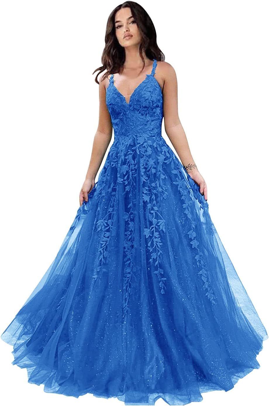 Tulle Prom Dresses for Women 2025 Sparkly Lace Appliques Long Ball Gowns Spaghetti Straps A-Line Evening Gowns-BMbridal.UK