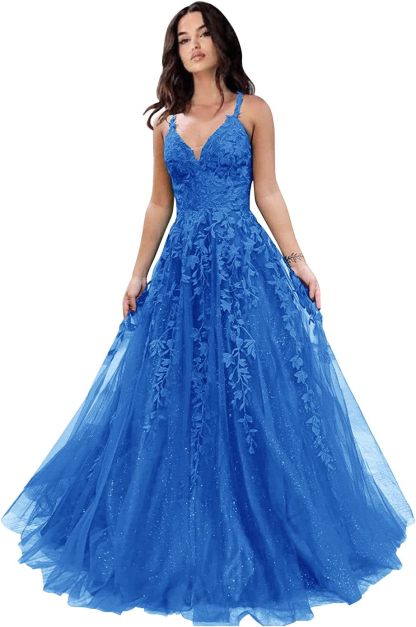 Tulle Prom Dresses for Women 2025 Sparkly Lace Appliques Long Ball Gowns Spaghetti Straps A-Line Evening Gowns-BMbridal.UK