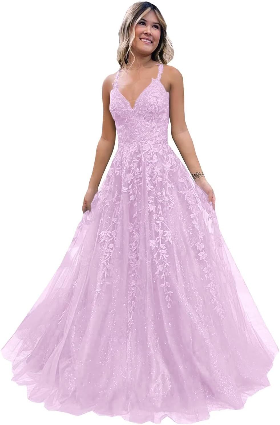Tulle Lace Appliques Sparkly Prom Dresses A Line with Slit V Neck Formal Party Dress-BMbridal.UK